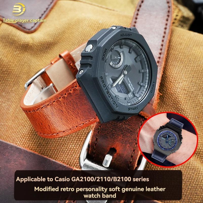 For Casio Farmhouse Oak Watch GA2100/GA2110/GA-B2100 GM2100 Modified Retro Genuine Leather Watch with Men's Leather Chain black