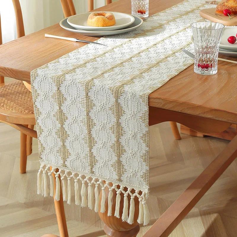 

Nordic Two-Color Table Runner for Dining Cotton and Linen Long Tassels Tablecloth for Party Simple Dustproof Home Decoration 35x160cm