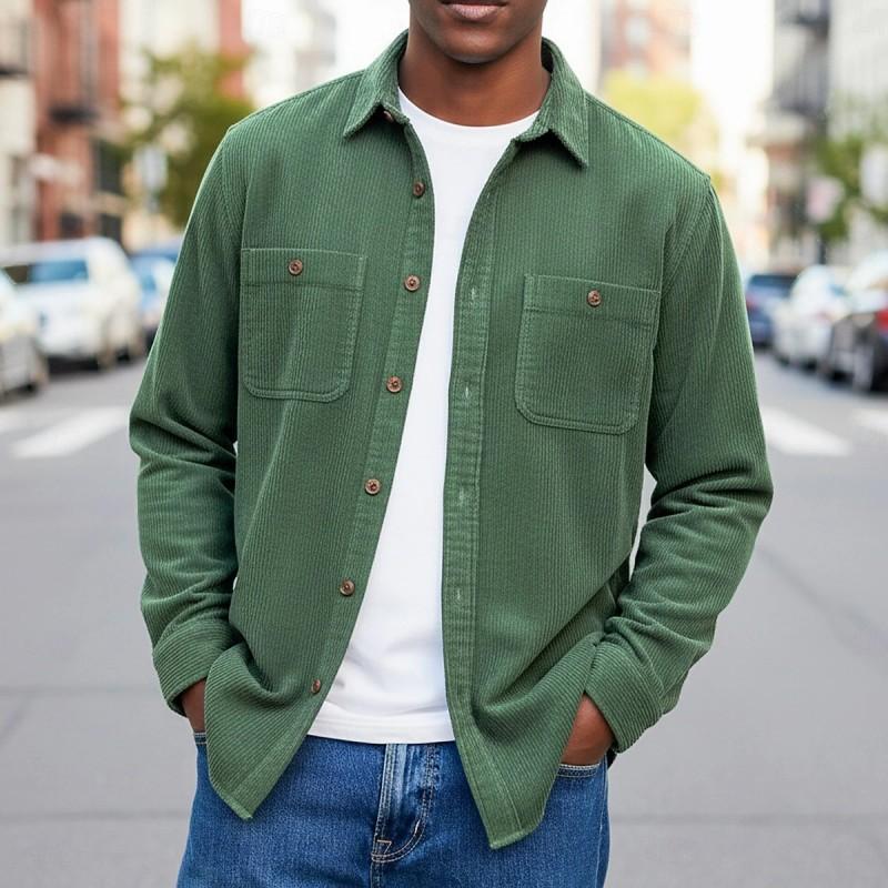 Autumn Winter Men's Solid Color Corduroy Double Pocket Button Long Sleeve Casual Shirt