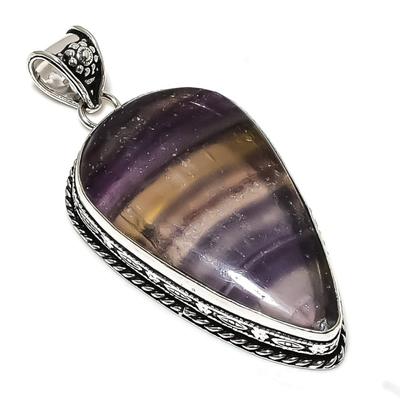 Natural Fluorite Gemstone Handmade 925 Sterling Silver Pendant 2.64" V8p33