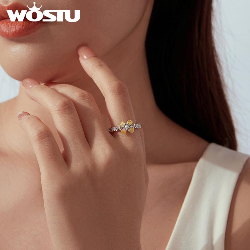 WOSTU 925 Sterling Silver Yellow Shell Pearl Flower Ring Floral Stud Earrings Adjustable Pearl Bead Bracelets Wedding Party Gift