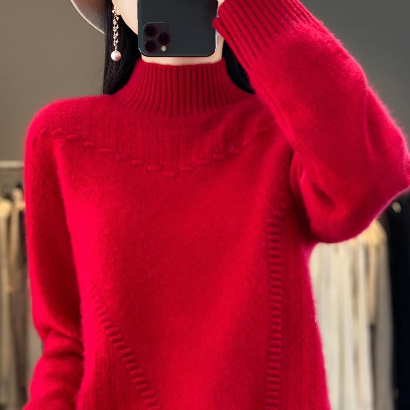 Women's Solid Color Thickened Drum Wave Sweater Pullover Half High Neck Inside and Outside Fashion Bottom Women's Sweater