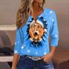 Women's Fashion Casual Christmas Print V-Neck 3/4 Sleeve Button T-Shirt Top