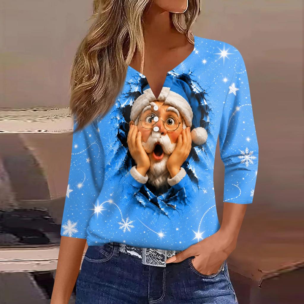 Women's Fashion Casual Christmas Print V-Neck 3/4 Sleeve Button T-Shirt Top