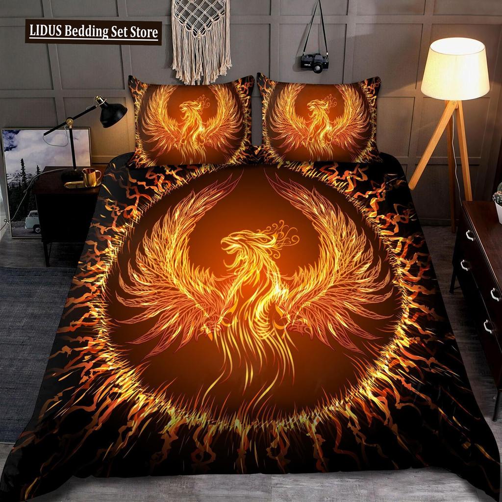 Dragon And Phoenix Duvet Cover Set Full Queen Size, Fantasy World Monster Gothic Bedding Sets Bohemian Mandala Comforter Cover