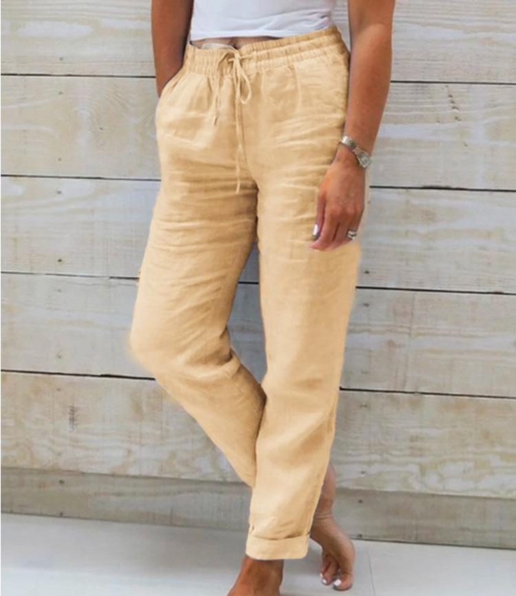 2023 Women's High Waist Elastic Cotton Linen Casual Pants