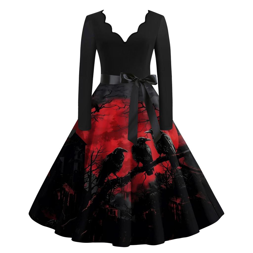 Women's Casual V-Neck Long Sleeve Vintage Print Dress for Halloween