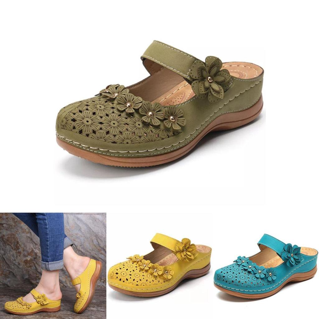 Women Summer Open Toe Floral Beach Walking Slip-on Sandals With Wedge Heel**
