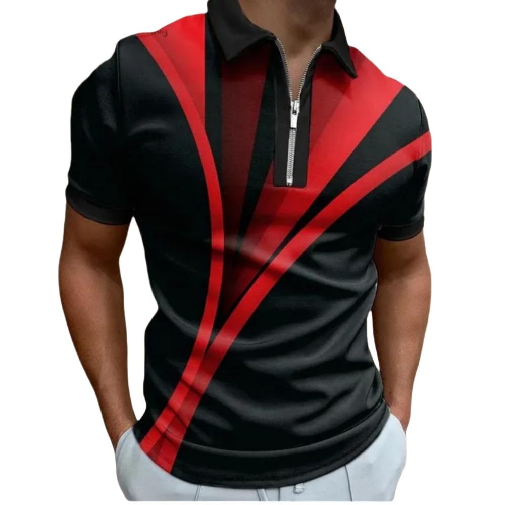 Men's T-shirt Summer Zipper Polo Shirt Stripe Pattern T-shirt Short Sleeve Collar Top Casual