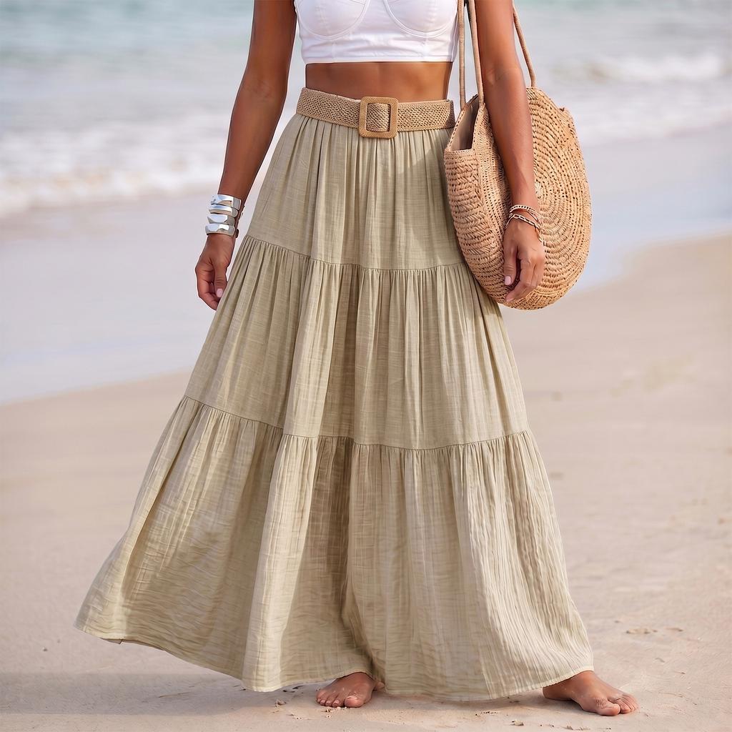 Women Fashion Solid Elastic Waist Patchwork Tiered Maxi Skirt Holiday Beach Linen Blend Casual Long Skirt with Belt
