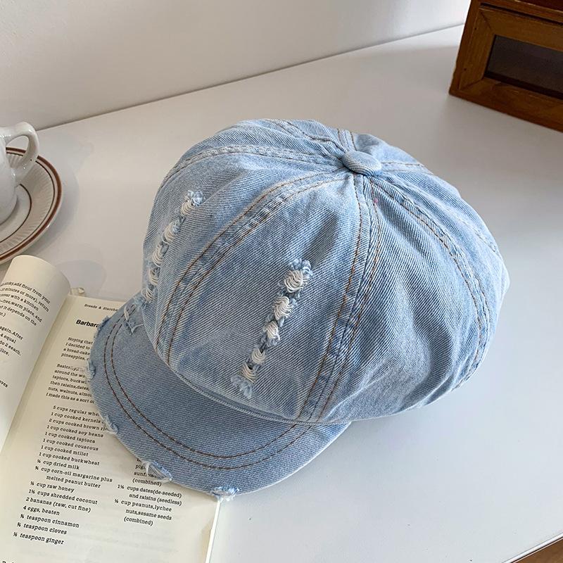 

Вымытый и состаренный, порванный джинсовый берет-облако для женщин, летний тонкий корейский нишевый маленький звездчатый анисовый берет прилив M（56-58cm）