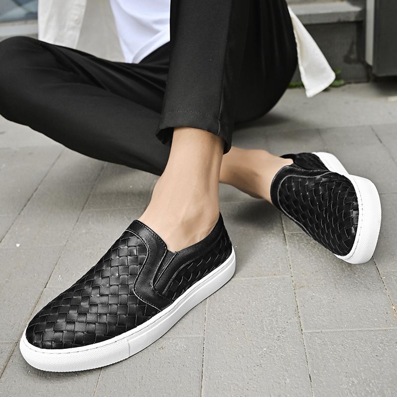 Genuine Leather Black Men Casual Shoes Luxury Brand 2024 Mens Weave Loafers Moccasins Breathable Slip On Lazy Driving Shoes