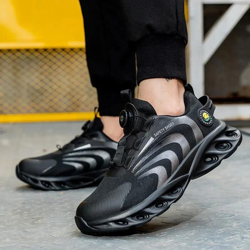 

Rotary Button Men s Safety Work Shoes Fashion Style Breathable Puncture Proof Outdoor Boots Non-slip Platform Shoes For Men 40 сірий