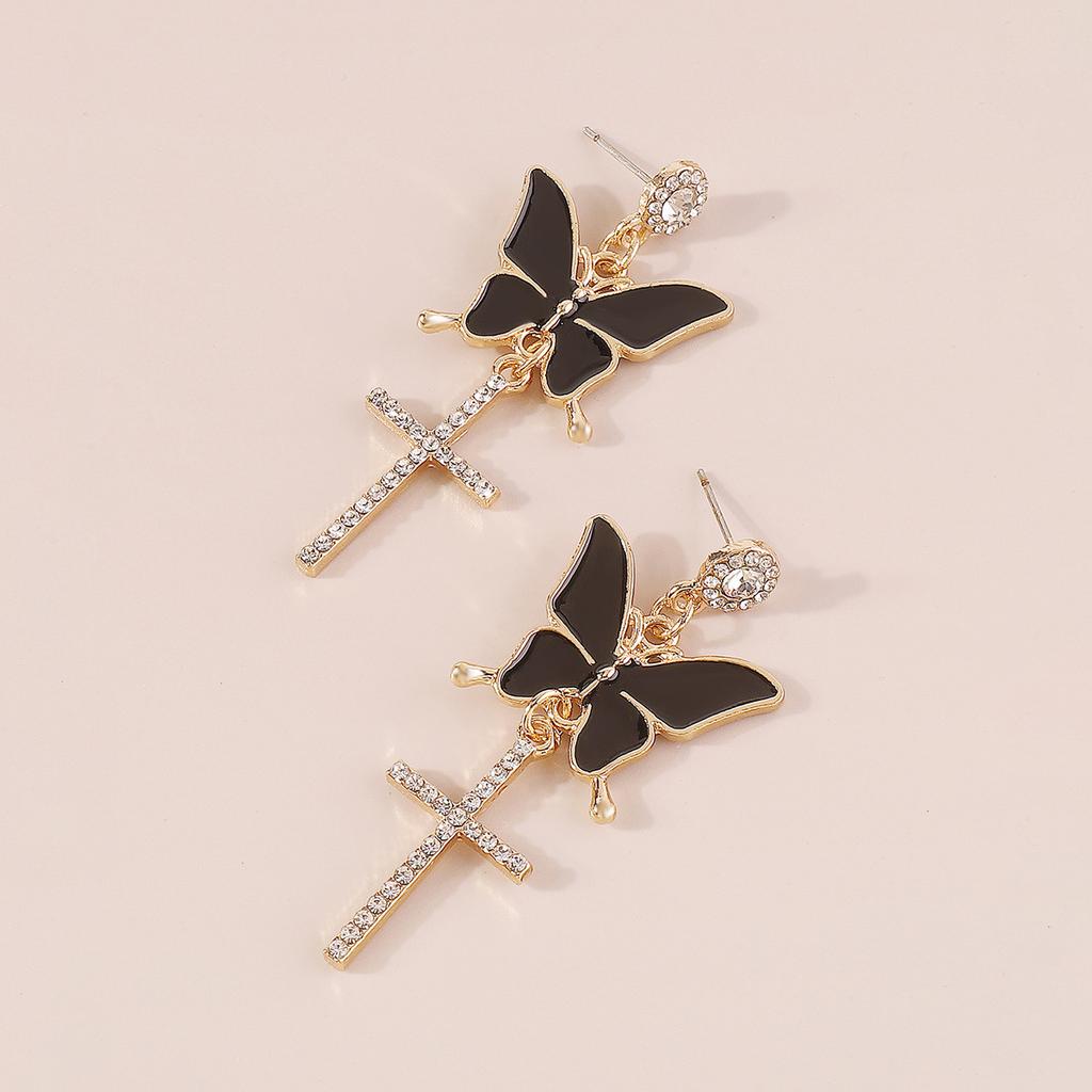 Sparkling Butterfly Drop Earrings with Tassels and Rhinestones
