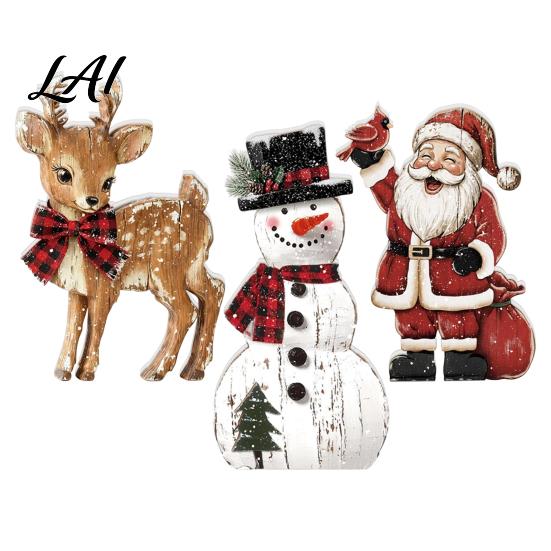 Rustic Christmas Table Decor Wooden Tabletop Decor Reindeer Animal Figurines Farmhouse Style Holiday Window Display Ornaments Tiered Tray Ornaments,