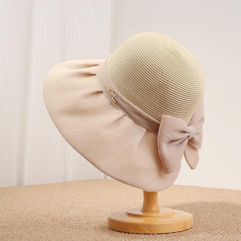 Hepburn style organza bow straw hat women's beach hat French retro big-brimmed bucket hat foldable sun hat