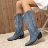 Western Style Embroidery Denim Mid Calf Boots For Women Pointed Toe Vintage Booties Low Hoof Heels Riding Equestrian Shoes