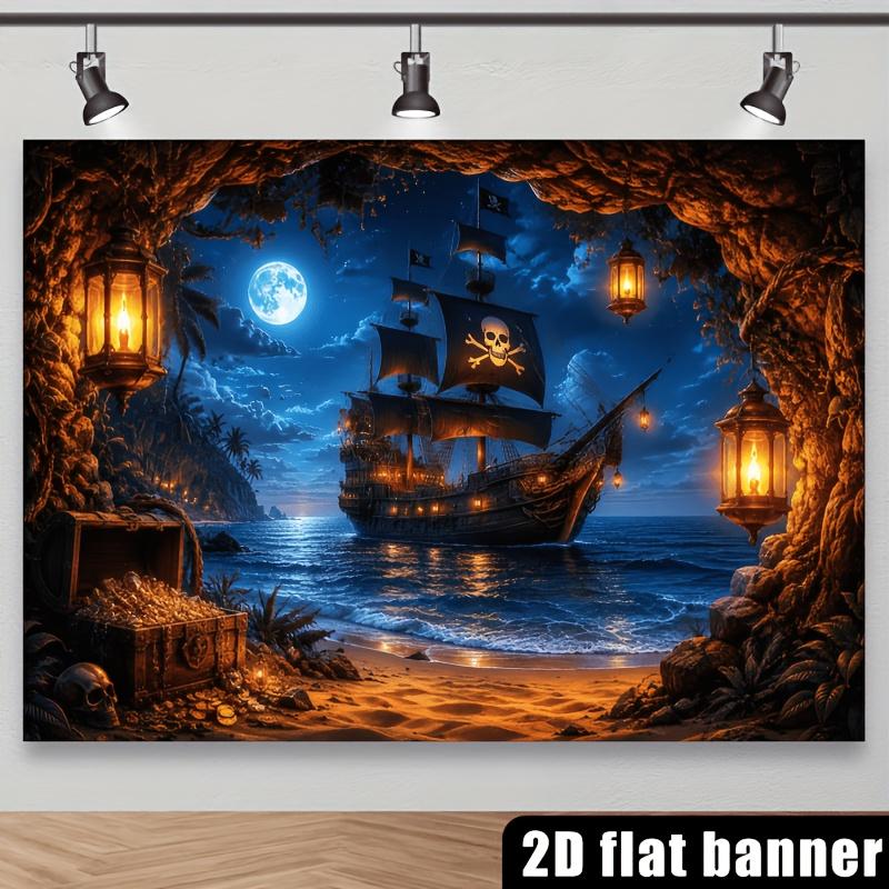 2D Flat Pirate-themed Background Fabric, with a Theme of a Pirate Ship Hidden Treasure Cave On the Moonlit Coastline.zyc