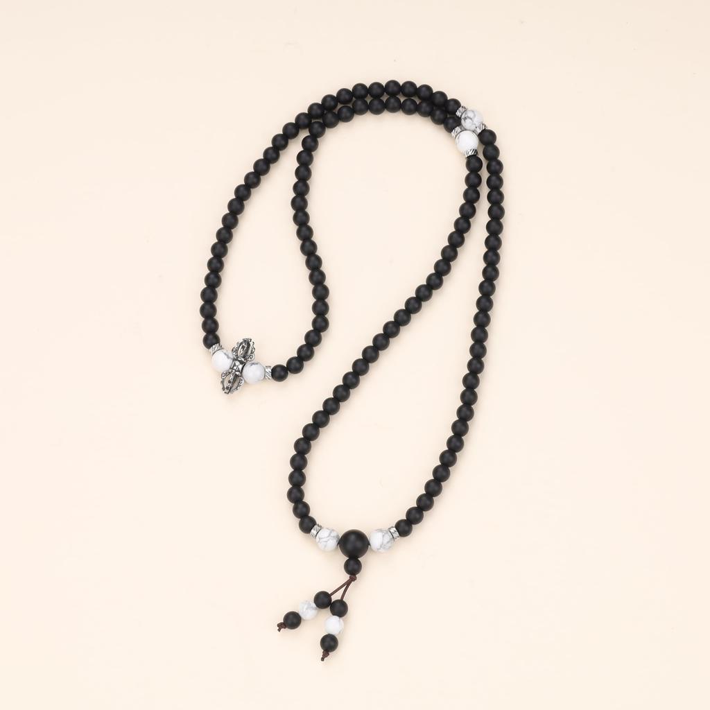 Vajra Pestle 108 Beads Howlite Matte Onyx Power Stone Necklace Prayer Quadruple Rosary for Men Women [Coai]