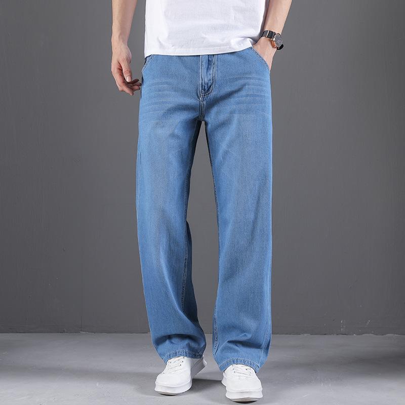 Premium men's denim trousers: relaxed straight-leg, lightweight summer style with no stretch, wide-leg cut, plus sizes available.