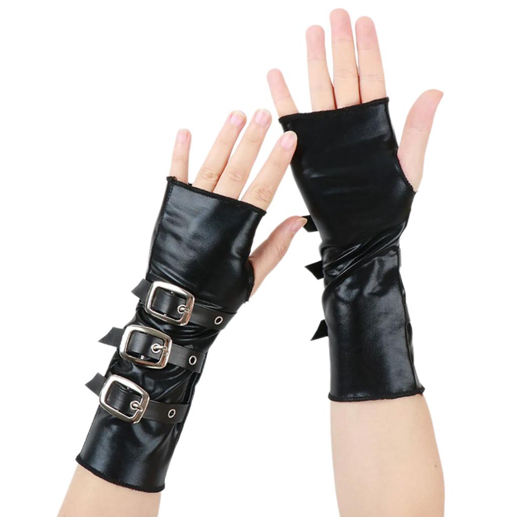 Aesthetic Party Gloves Stylish Metal Buckles Comfortable PU Leather Arm Gloves for Women Men Daily and Evening Party