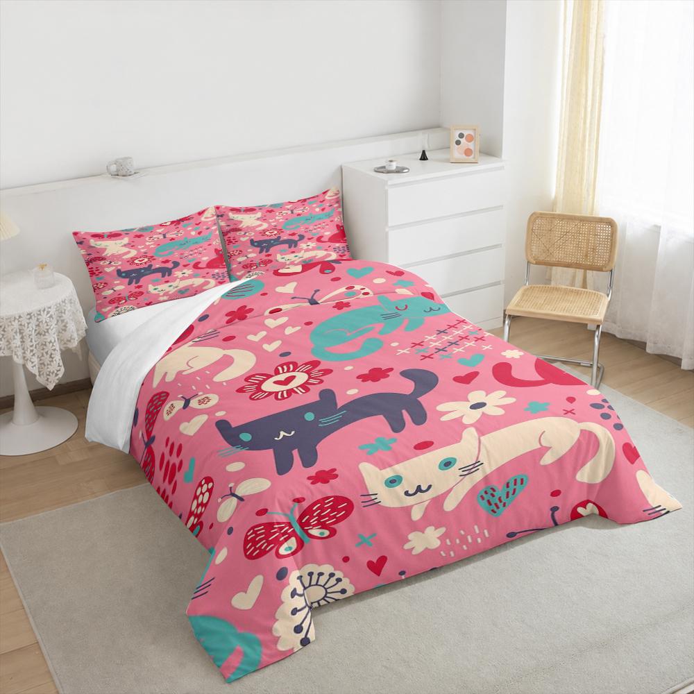 Cute Pink Cartoon Cat Butterfly Bedding set (1 duvet cover, 2 pillowcases, duvet not included), Playful Pastel Doodle Pattern Art Print