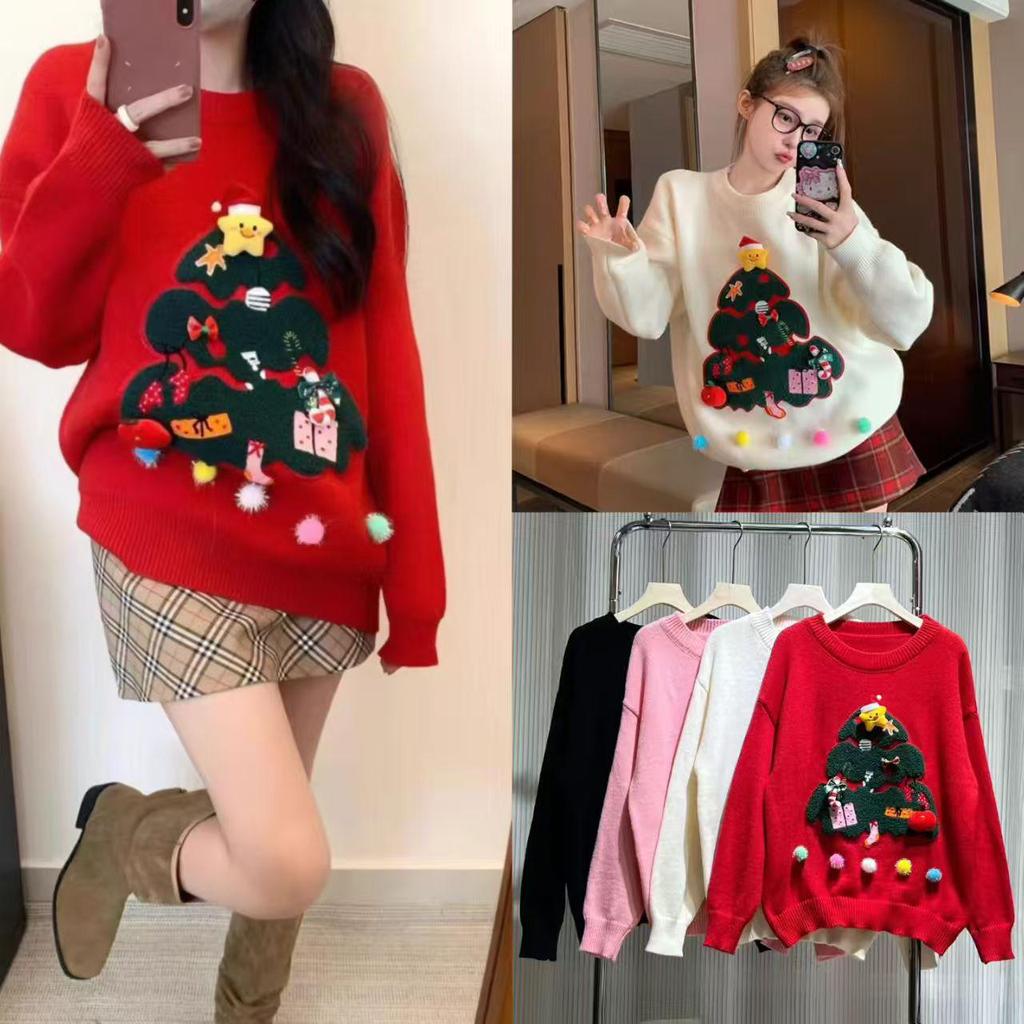 Women's Red Christmas Pullover Sweater - Casual Round Neck Knitwear for Autumn/Winter 2025