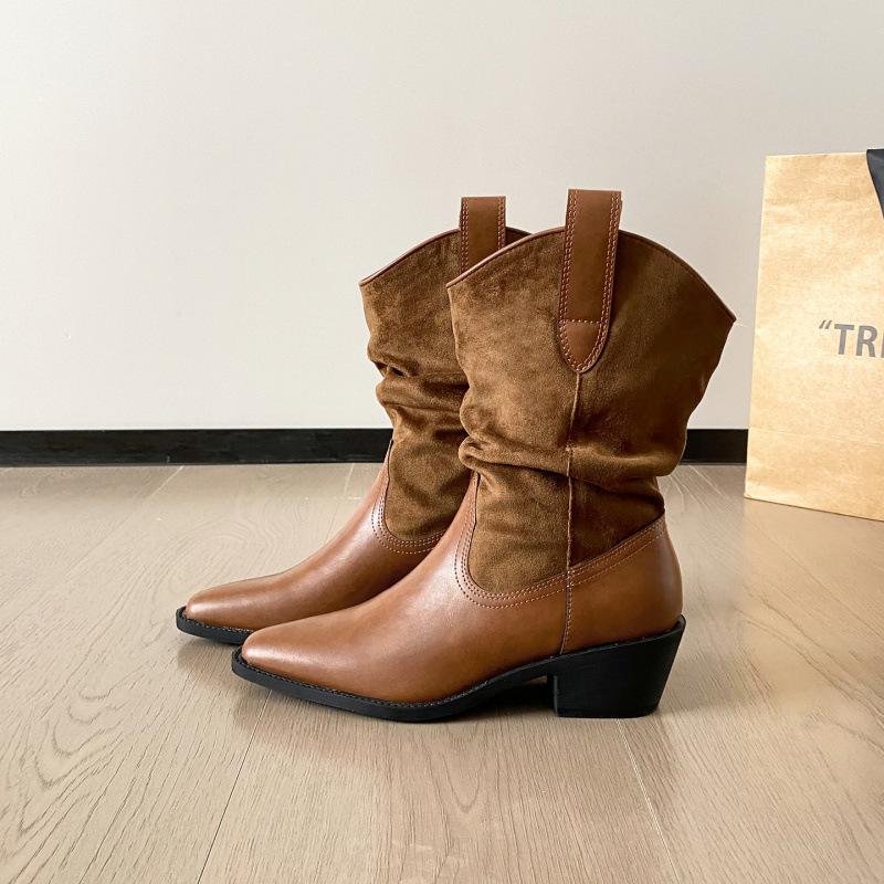 

Cowhide version~ Maillard short boots women s autumn and winter retro thick-heeled knight boots sleeve genuine leather western cowboy boots 35