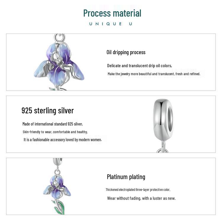 Silver Iris Gradient Oil Drip Pendant & S925 Sterling Flower Bracelet Beads