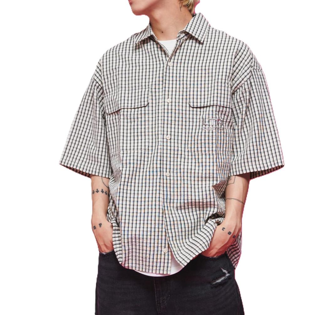WEGO Short Sleeve Minimalist Check Logo Summer Size White Check 1 Men's Shirt, Shirt, Top, Streetwear, Casual, M,