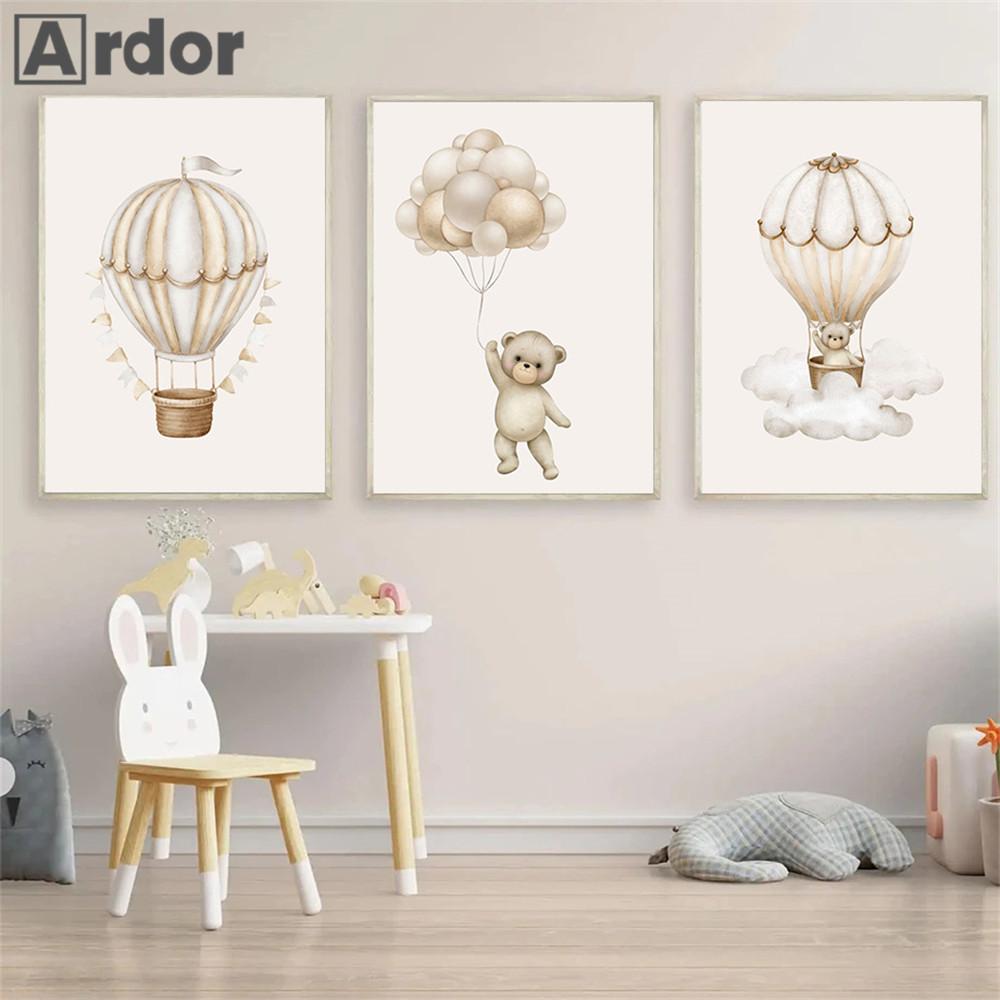 Cartoon Bear Wall Art Print Nursery Canvas Painting Star Hot Air Balloon Poster Prints Nordic Wall Pictures Baby Room Decoration