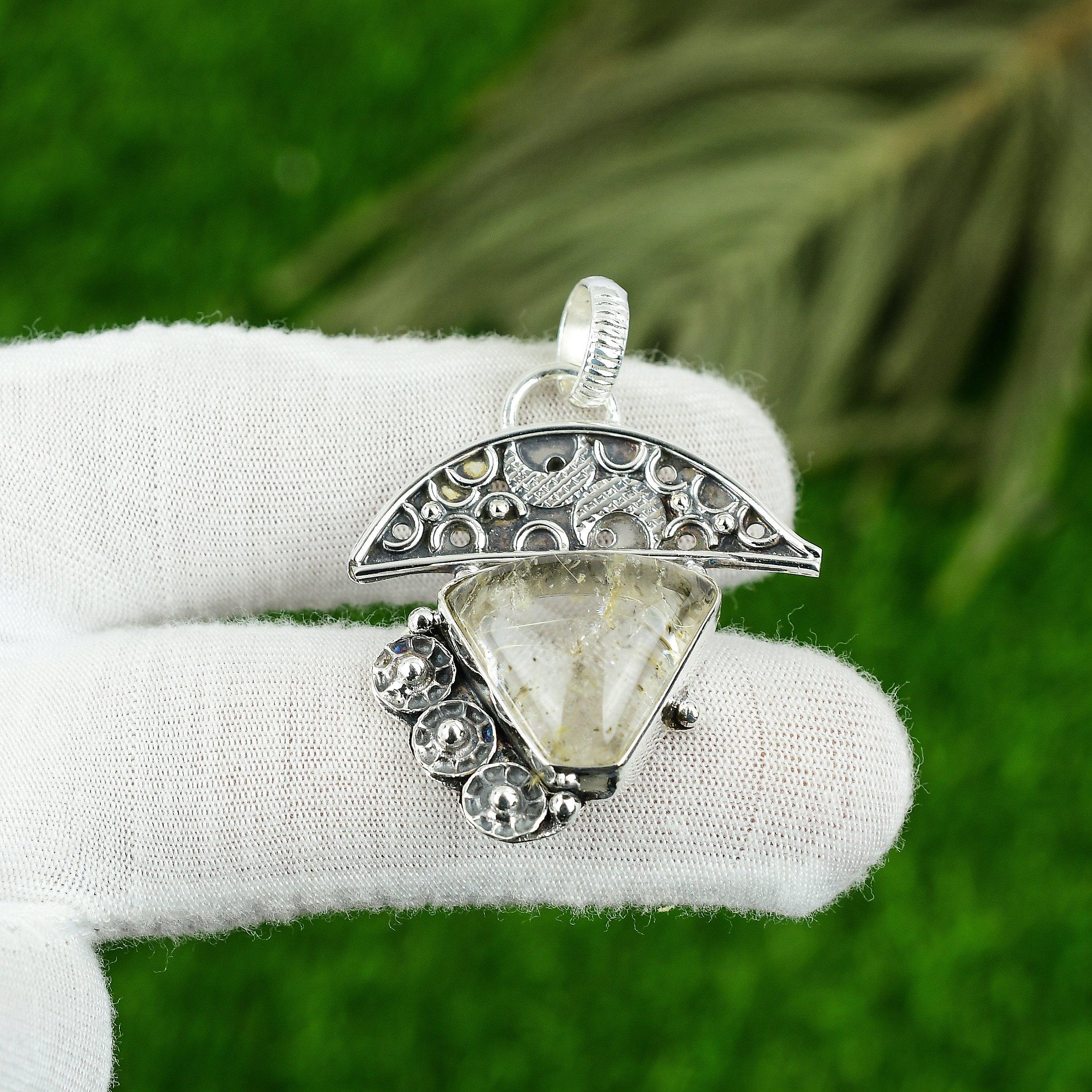 

925 Silver Trillion Golden Rutile Stone Handmade Bezel Unique Trendy New Pendant