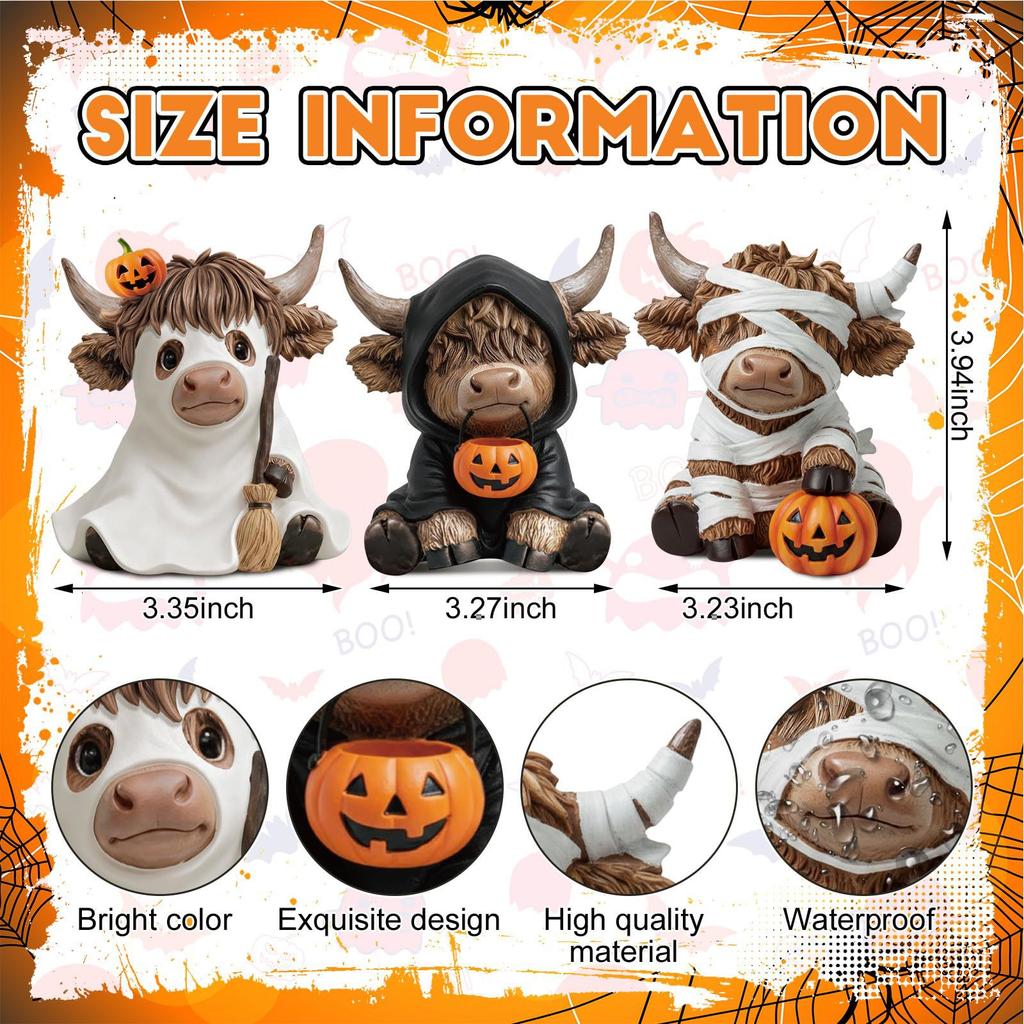 3 Halloween Highland Cow Statues, Cute Ghost Decorations, Hooded and Mummy Cow Statues with Pumpkin Decorations, for Layered Tra