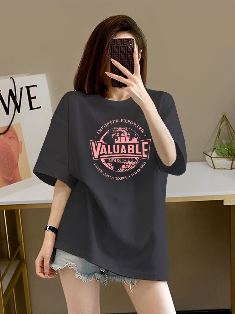 

Женская европейская футболка оверсайз с коротким рукавом и круглым вырезом 2024 - Модный летний студенческий стиль Large темно-серого