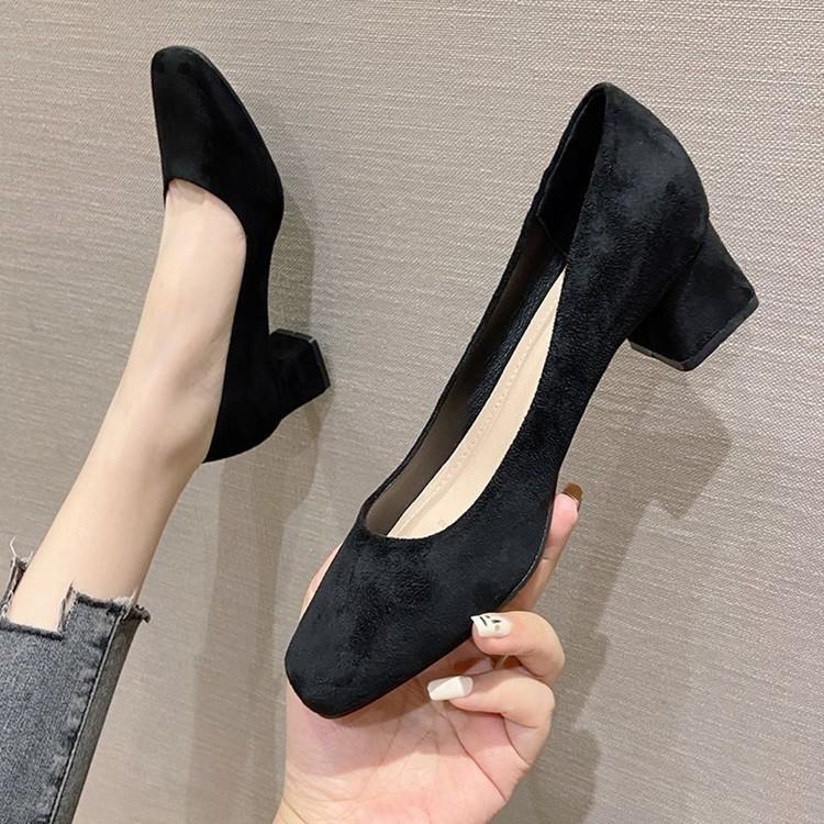 Black high heels 2025 spring and autumn new thick heel square head soft leather single shoes women's versatile professional shallow mouth OL work