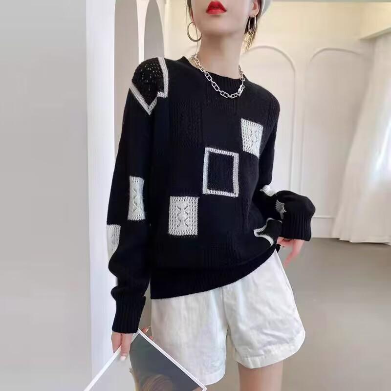 Black White Color Block Grid Knit Top Autumn Korean Slim Casual Loose Versatile Mesh Long Sleeve Round Neck Shirt