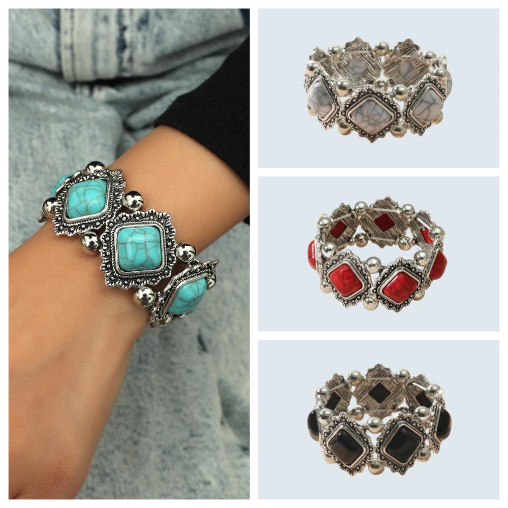 European and American Ethnic Style Personalized Retro Alloy Turquoise Elastic Bracelet Women's Bohemian Bracelet Jewelry