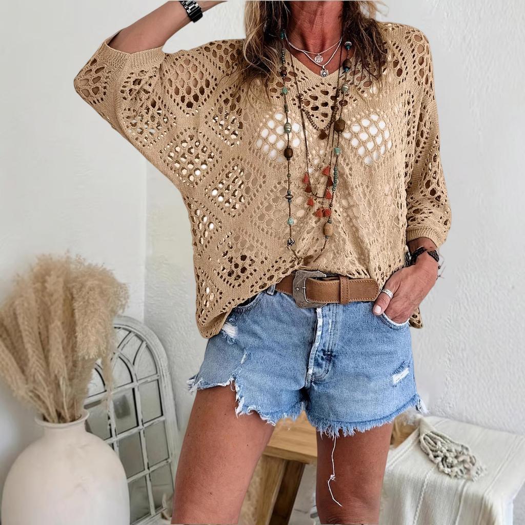Women's V-neck Diamond-shaped Openwork Sleeve Sweater Cardigan Knitted Top