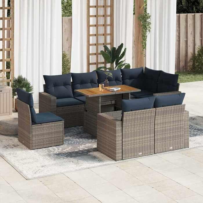 VidaXL Garden Lounge Set 9 Pcs with Grey Cushions Wicker, Outdoor Sofa Set, Corner Sofa Set 3327057
