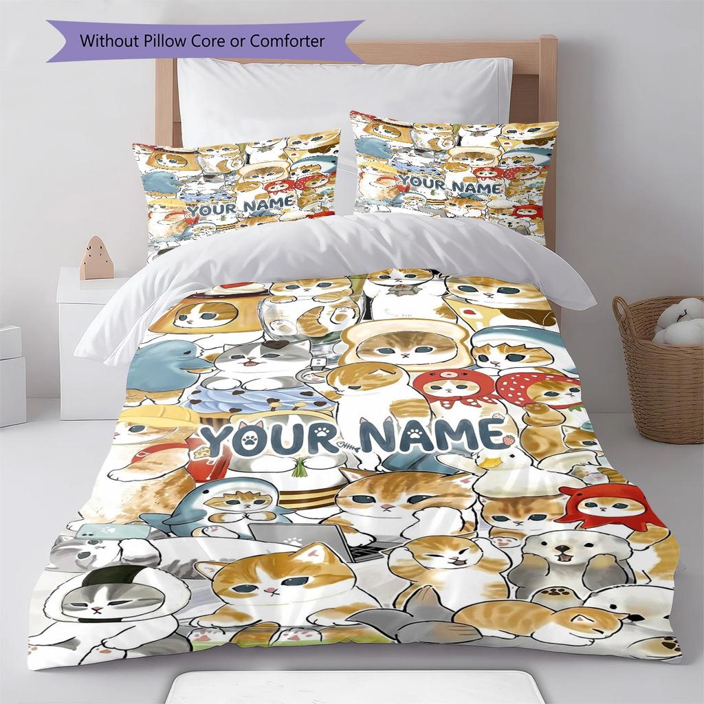 Bee Strawberry Cats Custom Name Pattern Bedding Quilt Set Quilt Cover Pillowcase Home Birthday Gift(1 * duvet cover + 2 * pillowcase, without core)