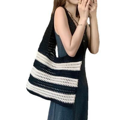 Hollow Out Stripe Crocheted Tote Bag Bohemian Style Handmade Beach Tote Bag Woven Fabric Knitted Shoulder Bag Summer Shopping