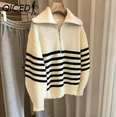 Lapel Half Zip Contrast Color Striped Pullover Sweater Women's Winter New Lazy Style with A Knitted Western-style Base Shirt