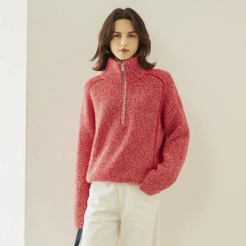 

2024 Women s Wool Knit Half-Zip High Neck Sweater One Size