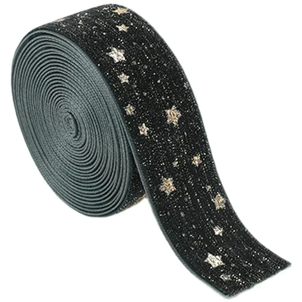 

2,5 на 200 сантиметрів Різдвяна оксамитова стрічка із золотими зірками для ялинки та сезонного декорування чорний