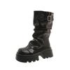Botas Plataforma de Salto Grosso Estilo Britânico Feminino, Botins Martin Meia-Canela Retrô Outono 2024