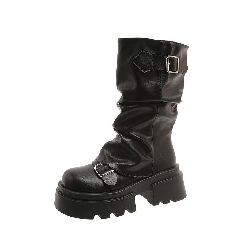 Botas Plataforma de Salto Grosso Estilo Britânico Feminino, Botins Martin Meia-Canela Retrô Outono 2024