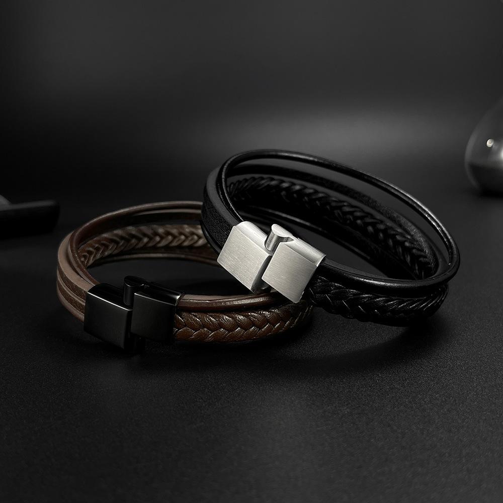 Multi Layer Leather Bracelet with Magnetic Clasp Fine String Bracelets Men Stainless Steel Funky Jewellery ALN25122864
