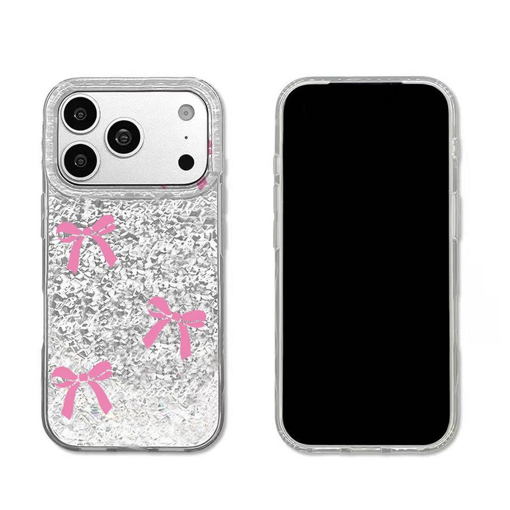 Case for iphone XS Max 15 14 Air 11 13 12 XR 18 Pro Max 17 Pro 16 Plus Silver Glitter Crackle Background English Bow