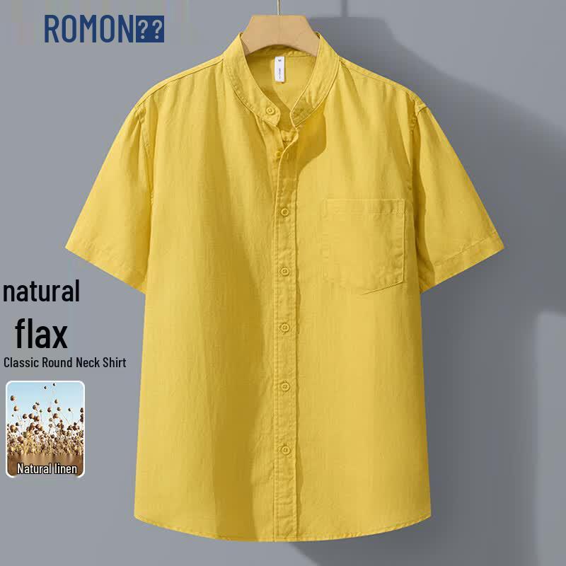 ROMON Men s Summer Lyocell Linen Stand Collar Short-Sleeve Shirt 3XL