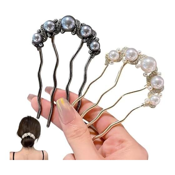 Pearl Hair Comb Set of 2, U-Pin Hair Accessories for Elegant Updos, Hair Pins for Ponytails and Buns, Easy to Use for Kimono, Daily Wear, Weddings,
